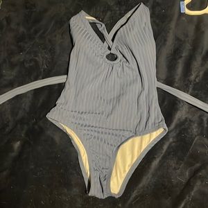 blue ribbed one piece cheeky bathing suit
